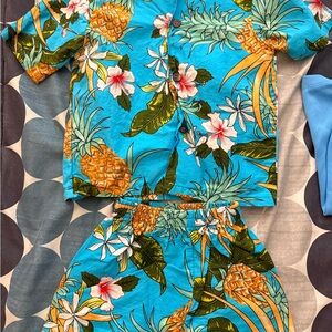 Tropical Pineapple Floral Two-Piece Set - Turquoise